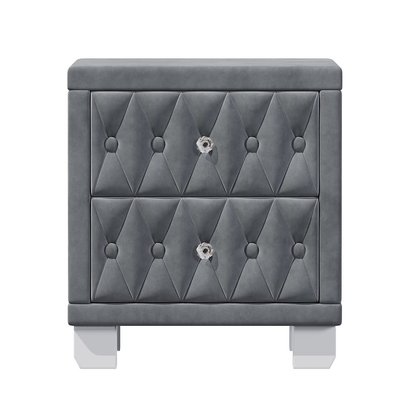 Elegant Velvet Nightstand with 2 Drawers and Crystal Handle, Storage Bedside Table with Button-Tufted, Grey