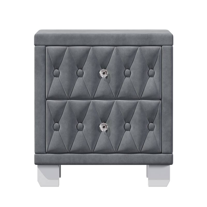 Elegant Velvet Nightstand with 2 Drawers and Crystal Handle, Storage Bedside Table with Button-Tufted