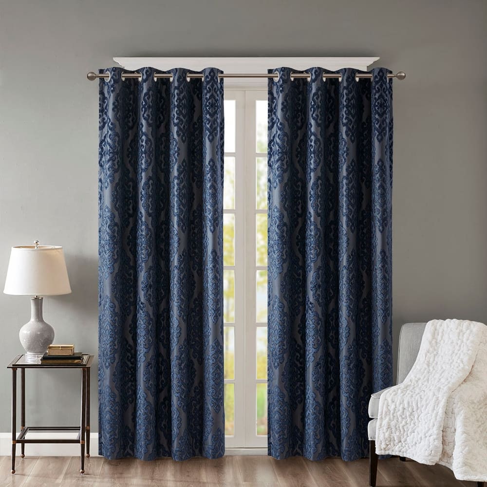 Knitted Jacquard Damask Total Blackout Grommet Top Curtain Panel.