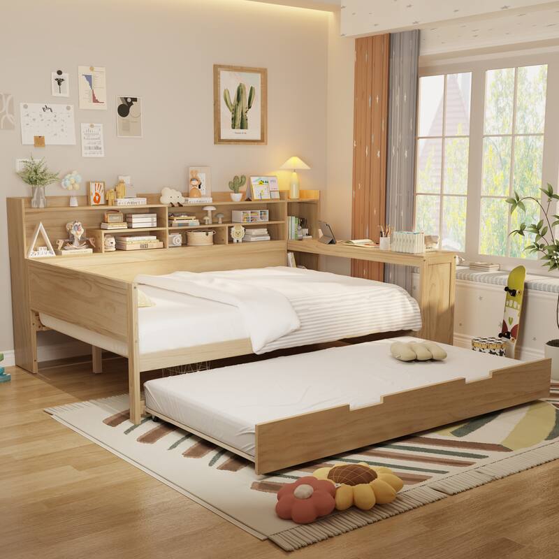 Full Size Daybed with Storage Shelves, Multi-Functional Bed with Twin Trundle and Built-In Study Desk, Space-Saving Design