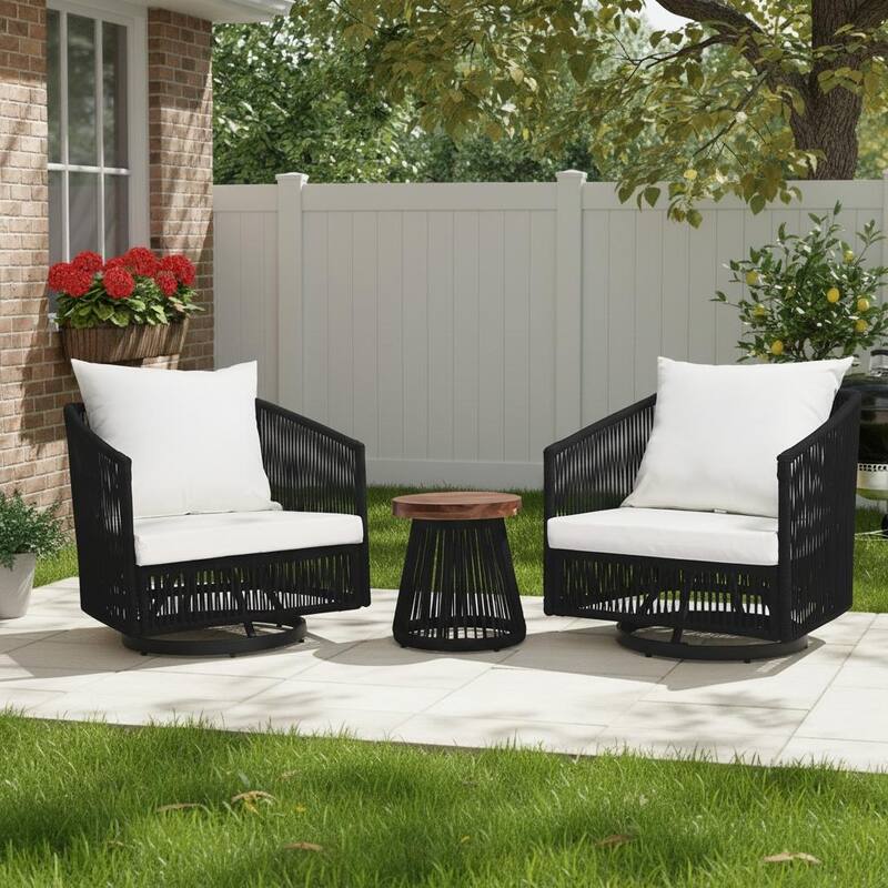 3-Piece Outdoor Patio Swivel Chair Set with Cushions and Side Table - Black