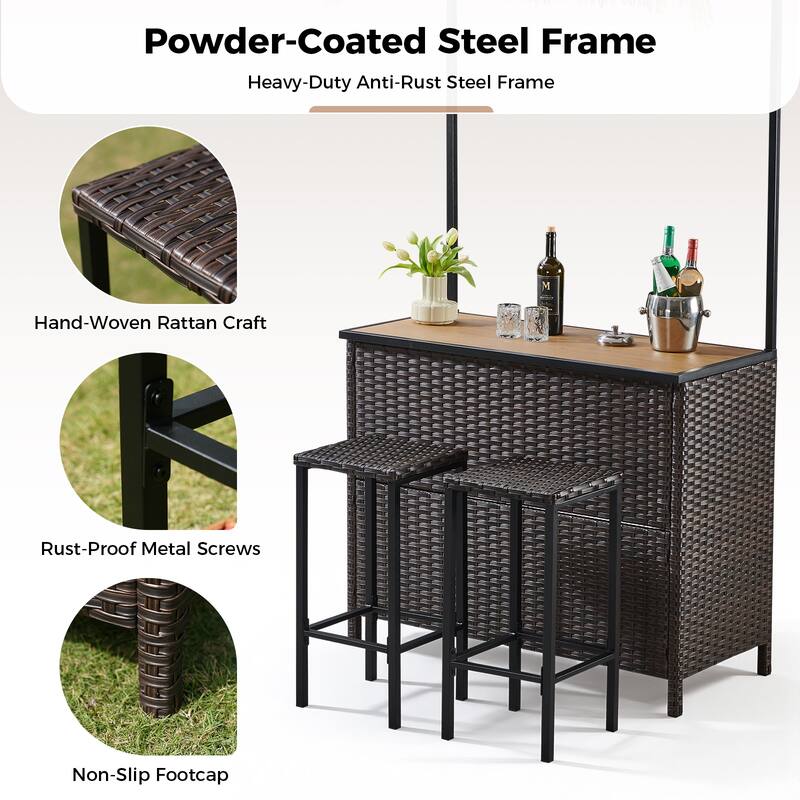 Pocassy Outdoor Patio Tiki Bar Set with 2 Stools Storage for Garden