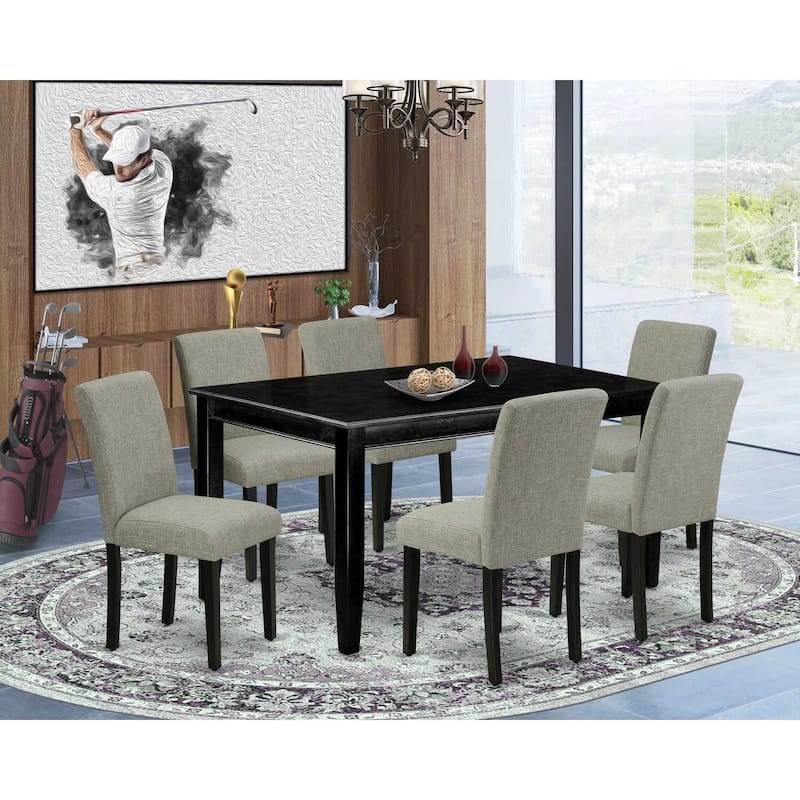 Rustic Dining Set 7Pc - 60 Inch Rectangular Table & 6 Parsons Chairs - Linen Fabric, Cozy Farmhouse Style