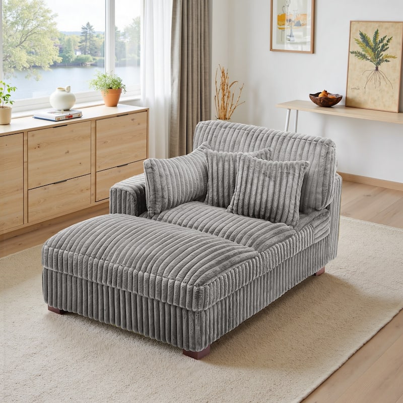 41" W Plush Corduroy Chaise Lounge with Pillows - Left Facing - Light Grey-Chaise&2 Pillows