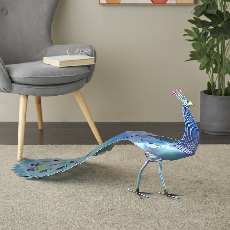 Metal Peacock Decorative Garden Sculpture with Open Wire Framed Body and Rainbow Accents - Blue - Roche River Decor