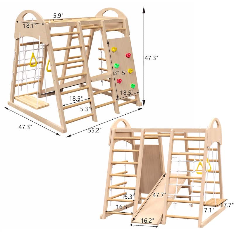 7-in-1 Indoor Jungle Gym Playset w/Slide, Climbing Wall, Rope Wall Climber, Monkey Bars, Swing