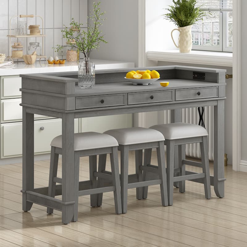 4-Piece Retro Dining Set for 3 with Storage Drawers, Small Space Kitchen Table & Chairs - Light Grey