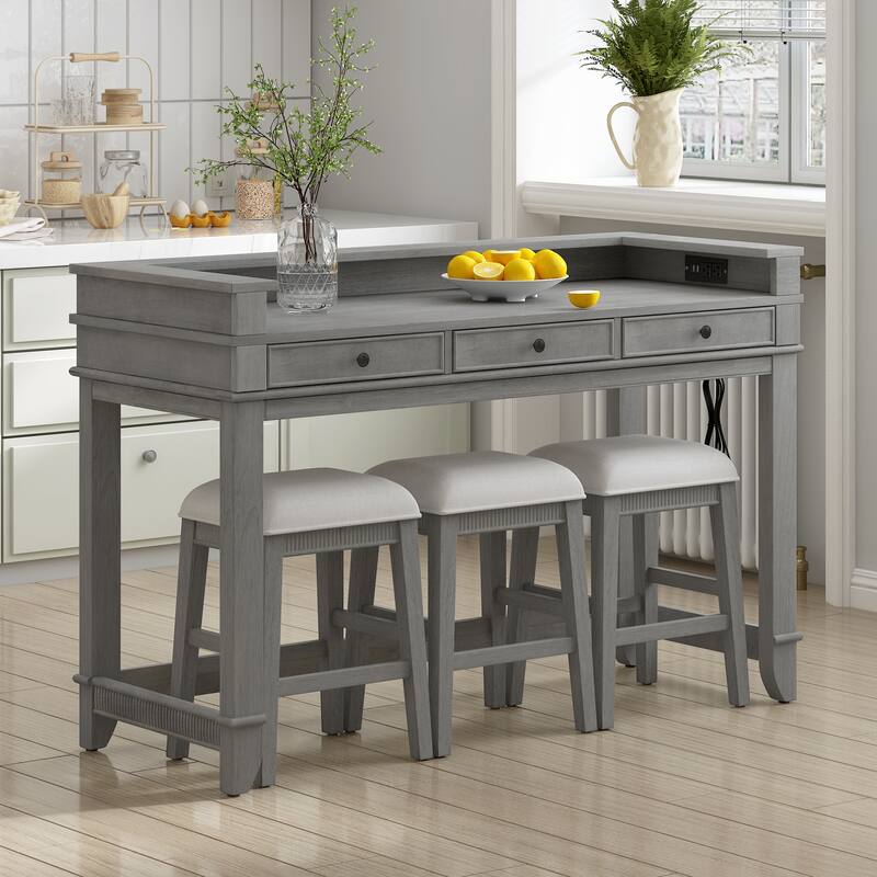Light Grey Counter Height Dining Table Bar Table with USB Charging, Breakfast Nook Dining Table & Chairs Set