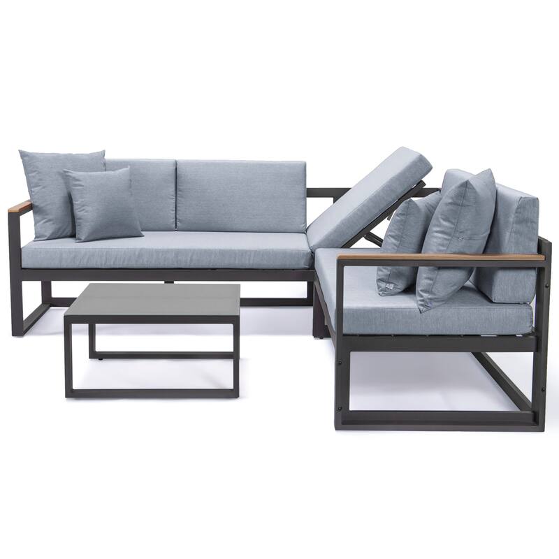 Chelsea 3-Piece Adjustable Headrest All-Weather Sectional Set in Aluminum Frame with Removable Cushion Covers for Indoor/Outdoor