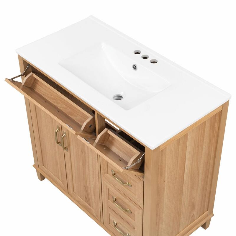36 Inch Bathroom Vanity with Ceramic Sink, Modern Wood Grain Cabinet with Solid Rubberwood Legs, Soft-Close Doors & 4 Drawers