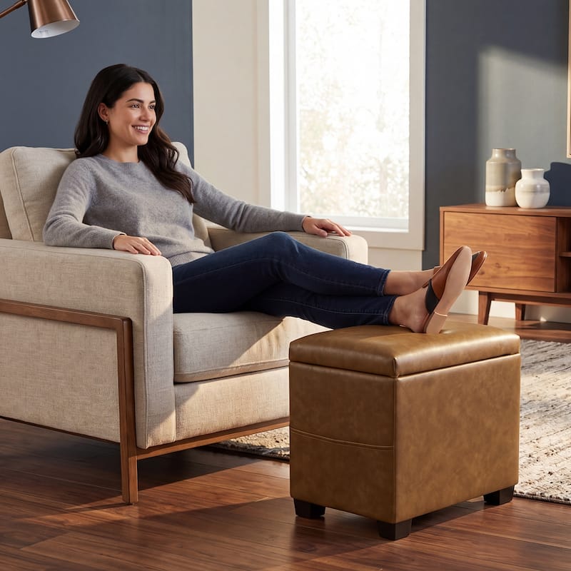 Adeco 16" W Upholstered Rectangle Storage Ottoman with Tray and Pocket