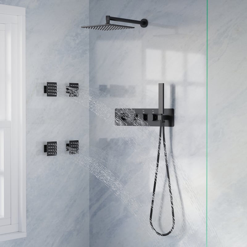 Thermostatic Shower System with 10" Ultra-Thin Square Shower Head,Body Jets And Hand Shower