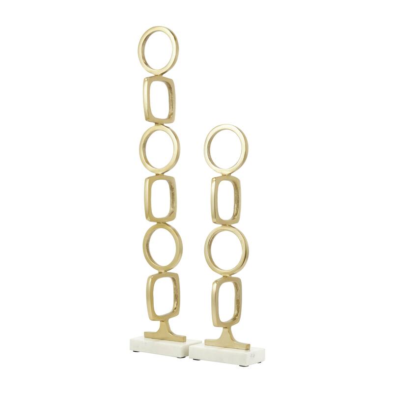 Aluminum Metal Abstract Stacked Geometric Rings Sculpture with Marble Bases - Set of 2 Gold - Roche River Decor