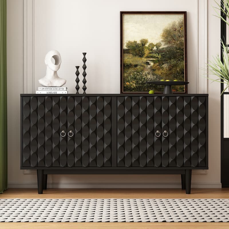 Buffet Cabinet with 4 Convex Pattern Doors, Storage Cabinet with 2 Silver Handle, Sideboard Cabinet with Adjustable Shelves