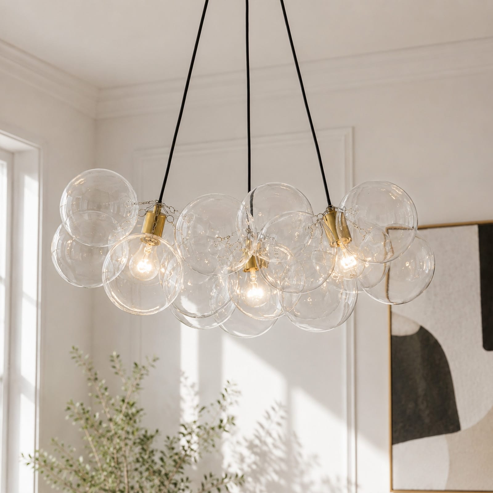 Rennnsan 28 in. 3-Light Cluster Modern Gold Clear Bubble Glass Chandelier - 28.3 in. Dia × 11.0 in. H