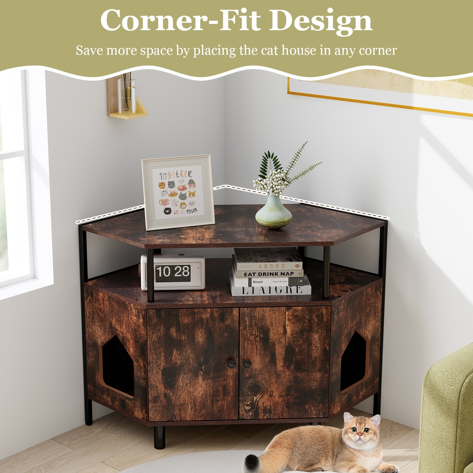 Corner Cat Litter Box Enclosure with Open Shelf 2 Entrances and Metal Legs 41.5 x 20 x 29 Bed Bath Beyond 40836908