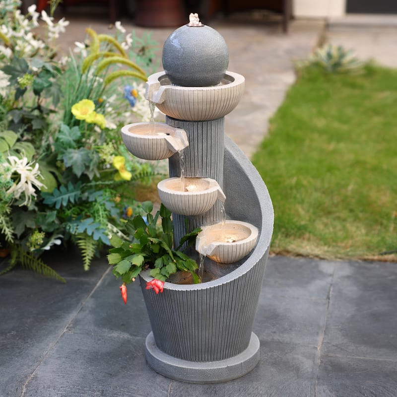 Gray Resin Spiral Sculpture with Bubbler 5-Tier Outdoor Fountain with Lights