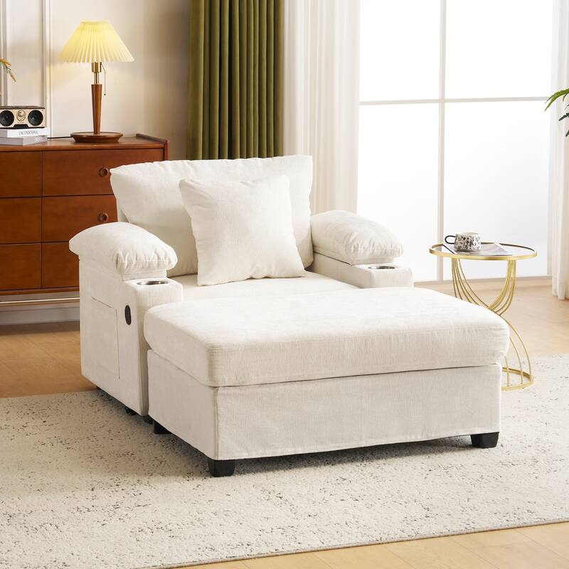 Oversized Chenille Sofa Chair with Ottoman Sleeper Sofa with Cupholders/USB Charging Ports