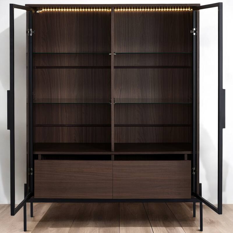 51.2" Tall Lighted Display Cabinet with Tempered Glass Doors, Metal Legs, LED Curio Cabinet for Living Room, Office, Study
