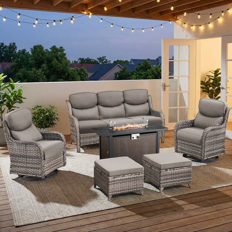 Pocassy Patio Sofa Swivel Chair Set with 43" Fire Pit Table - Gray Wicker Gray Cushion - 6-Piece Sofa Swivel Chair Ottoman w/ Fie Table