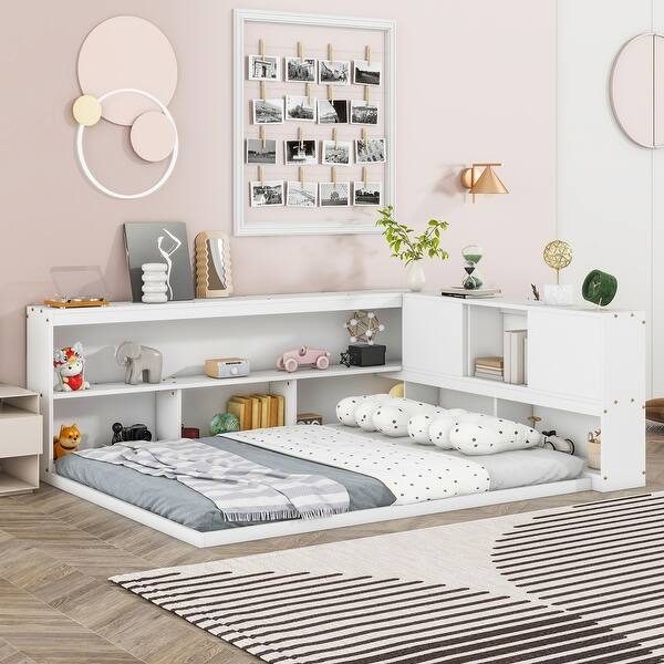 slide 2 of 9, White Full Size Wood Floor Bed with L-shaped Bookcases, sliding doors, without slats White