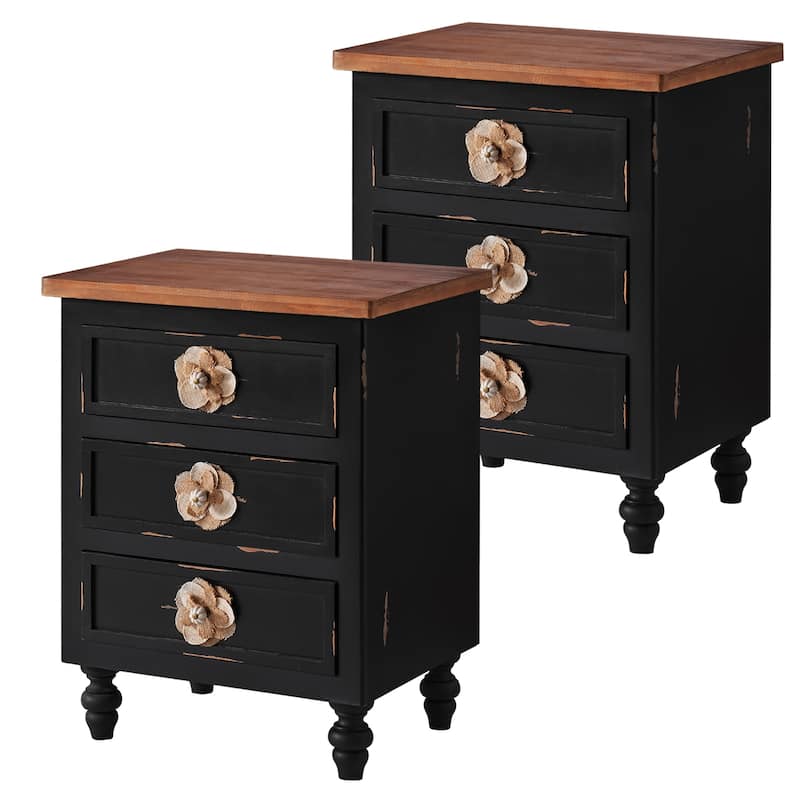 Vintage Farmhouse End Table with Floral Knobs -19"Rustic Nightstand with 3 Drawers Gourd Legs,Bedside or Sofa Accent Table