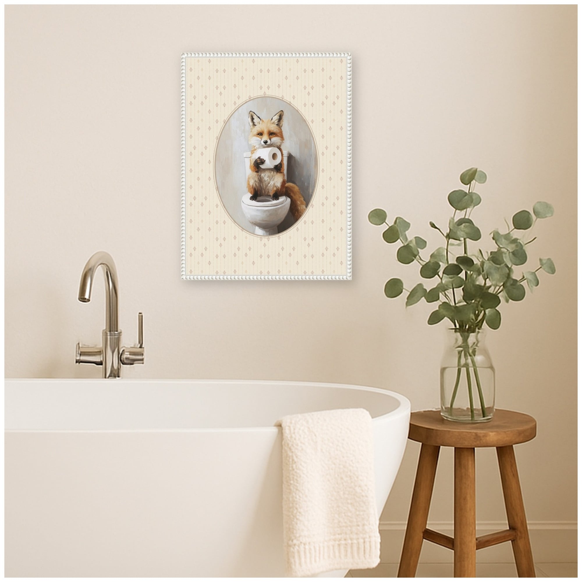 Kate and Laurel Cute Fox & Toilet Paper Bathroom by The Creative Bunch Studio Framed Canvas Wall Art Print