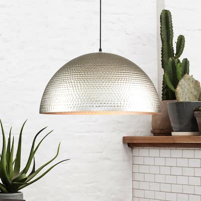 Rennnsan 1-Light Vintage Industrial Antique Silver Pot Lid Hammered Dome Pendant Light for Kitchen Islands