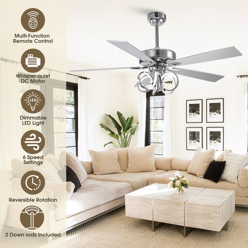 52-inch Modern Chrome Ceiling Fan with Dimmable LED Light and Reversible Motor - 52-inch W*19.3-inch H