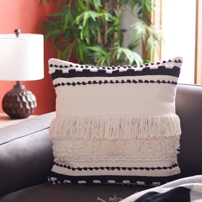 SAFAVIEH Vanka Boho Beige/ Black Tassel Fringe 20-inch Decorative Throw Pillow