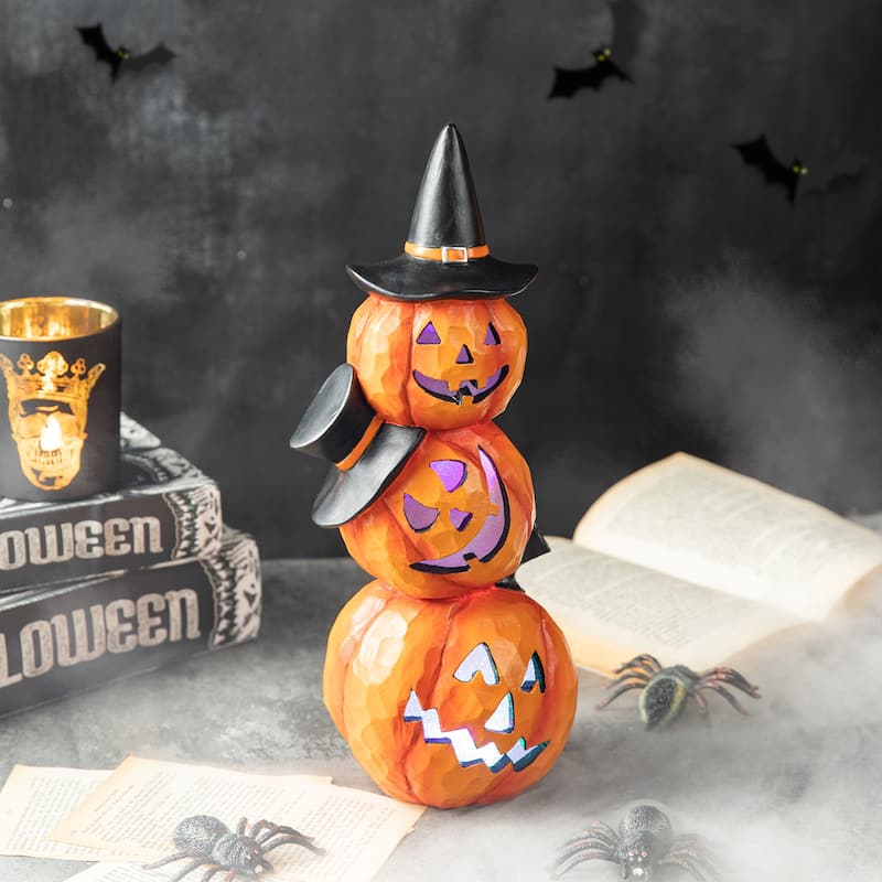 Glitzhome 14.25"H Halloween Lighted Stacked Resin Pumpkin Figurine Table Decor - Lighted Pumpkin