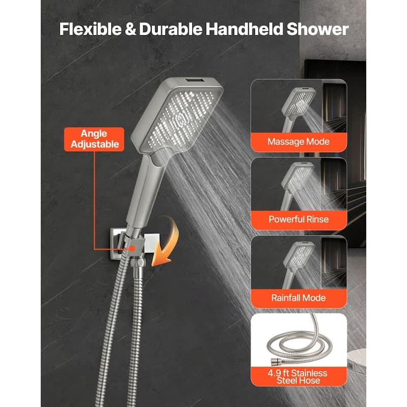 Brushed Nickel Rainfall Shower System with 3-Function Handheld and Overhead Adjustable Spray - Brushed Nickel