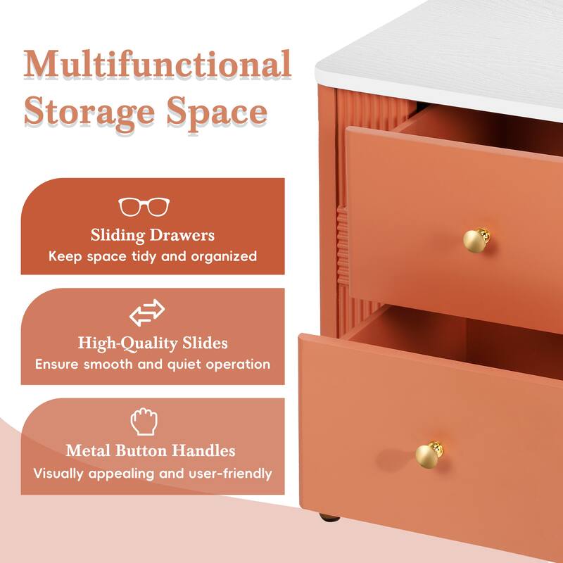 Modern Fluted Nightstand with 2 Drawers, Golden Metal Handles and Legs, Multi-Scene Use, Easy Assembly, Orange
