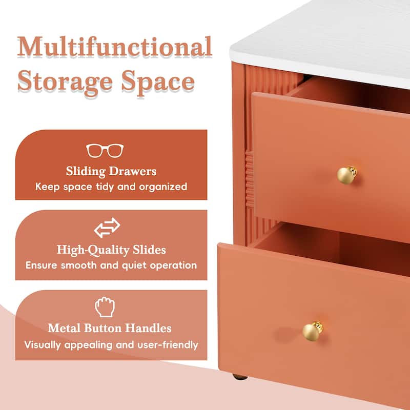 Modern Nightstand with 2 Storage Drawer, Fluted Bedside Table with Golden Metal Handles and Legs