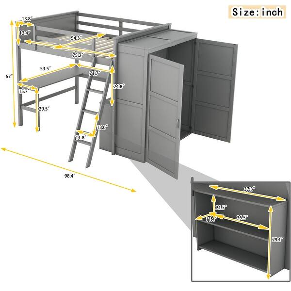 dimension image slide 1 of 3, Solid Pine Loft Bed with Desk, Shelves, Wardrobe, and Guardrails