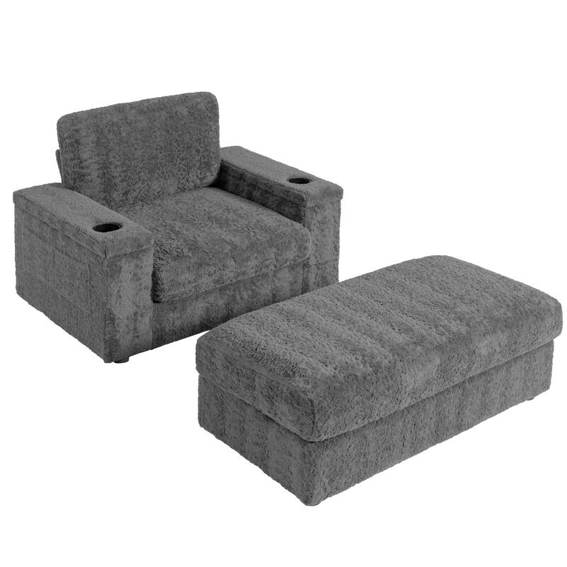 2-Piece Oversized Accent Chair & Ottoman Sets, Single Sofa Reading Couch Chaise Lounge with Storage Ottoman & Cup Holders