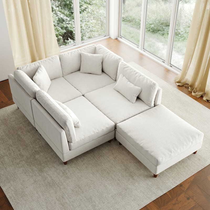 5-Piece Modern Comfy Corduroy Modular Sectional Sofa with Ottoman