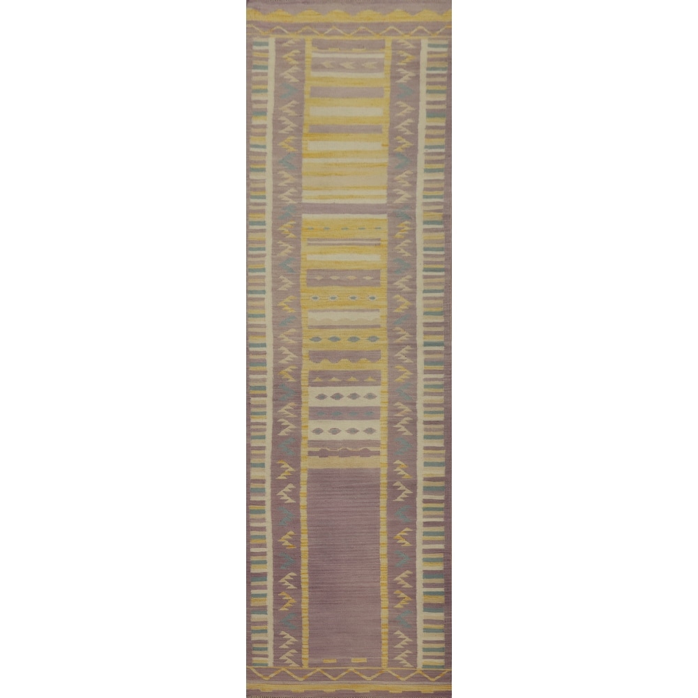Hand Woven Oriental 100% Wool Carpet Southwestern Tribal Purples Kilim Runner Rug - 11' 9'' X 2' 6''