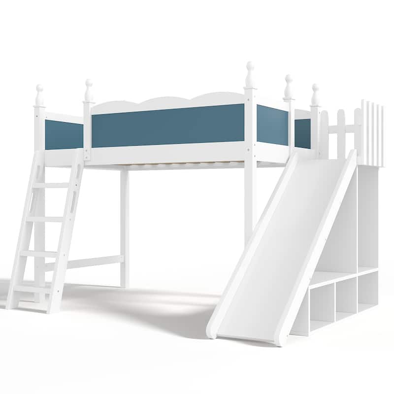 Twin Loft Bed with Storage Shelves and Wardrobe, Solid Wood Loft Beds with Detachable Slide and Ladders, No Spring Box Needed