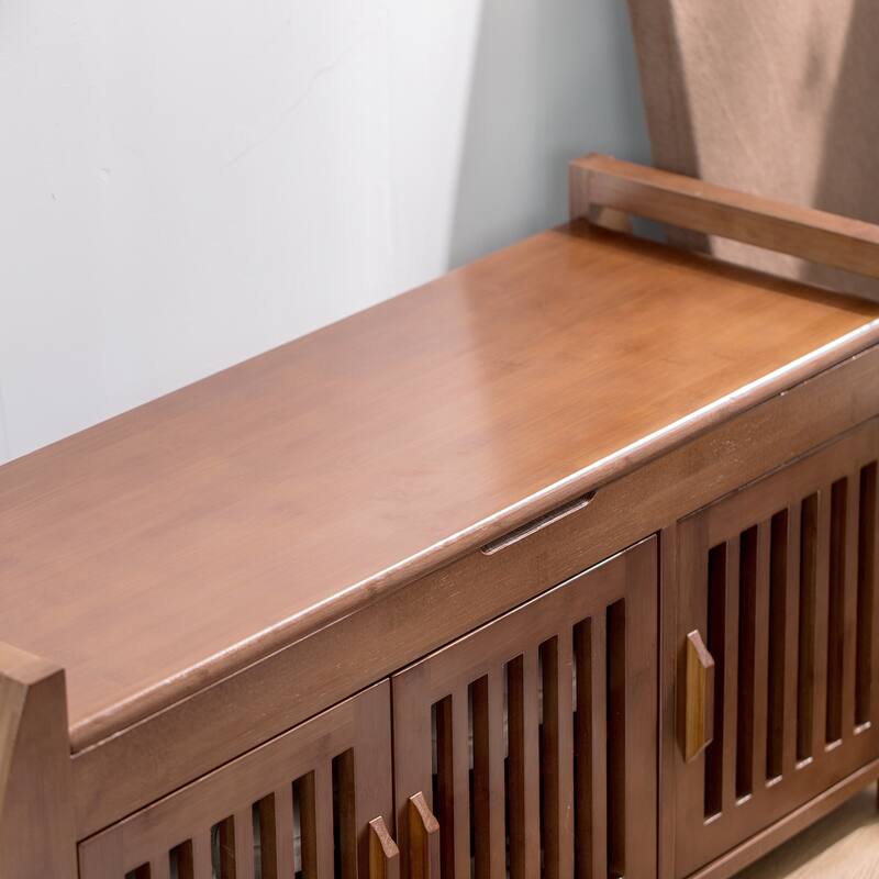 Bamboo Shoe Storage Bench with Storage Space and Padded Seat Cushion, for Entryway, Living Room, Bedroom, Brown