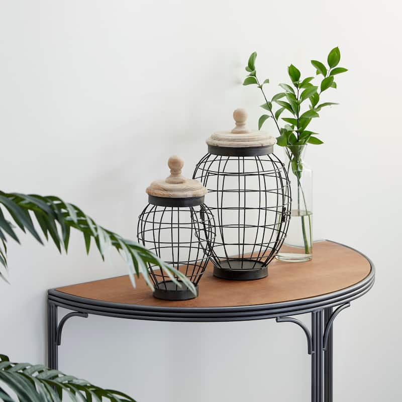 Metal Caged Style Decorative Jars with Wood Lids - Set of 2 Black - Roche River Decor - 9"W x 9"L x 15"H