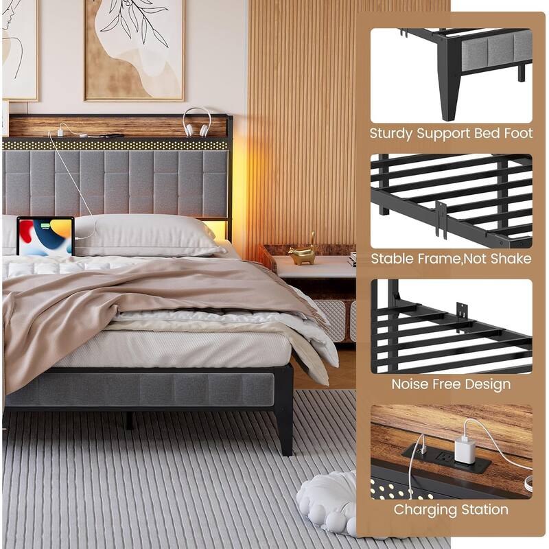 Gray Upholstered Bed Frame with LED Lights, Charging Station & Storage Headboard, No Box Spring Needed