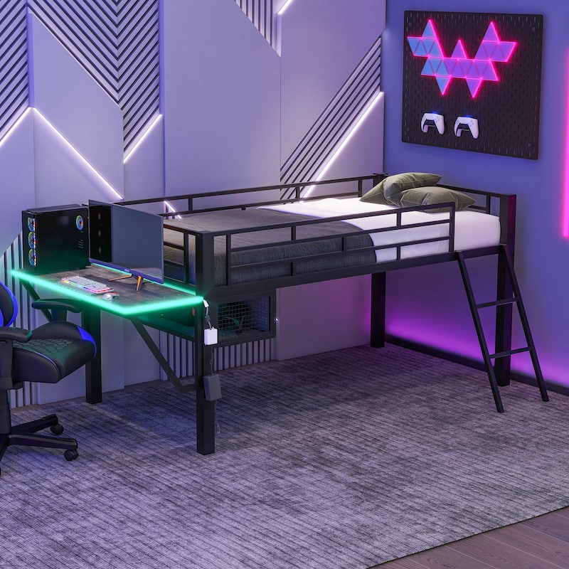 Gaming mid loft bed with desk, LED, Twin, Black
