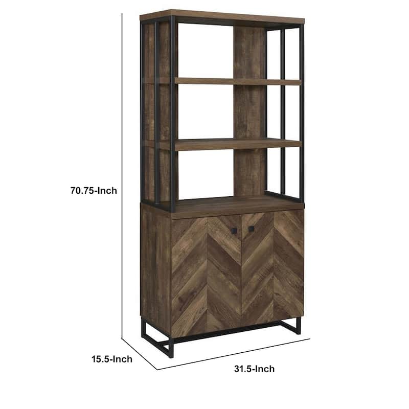 Wooden Bookcase with 3 Tier Shelves and 2 Doors, Brown