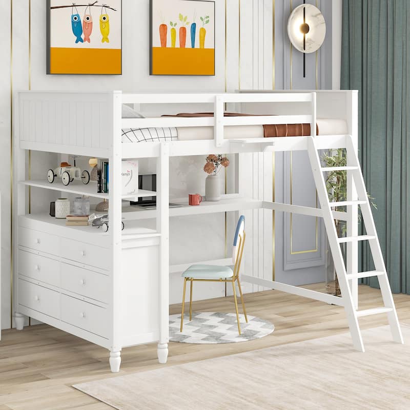 Wooden Full Loft Bed with Desk, Drawers & Adjustable Ladder - Space-Saving Design - White - Full