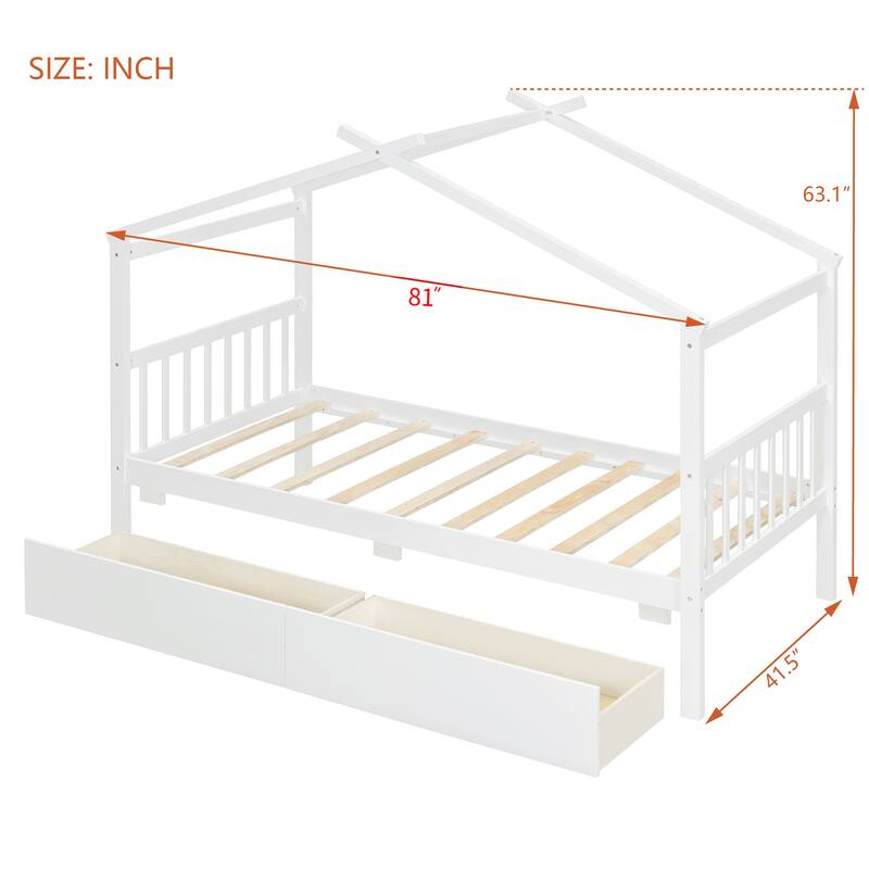 Twin/Full Size Wooden House Bed with Roof and 2 Drawers, Kids Platform Bed with Storage, Solid Pine Frame