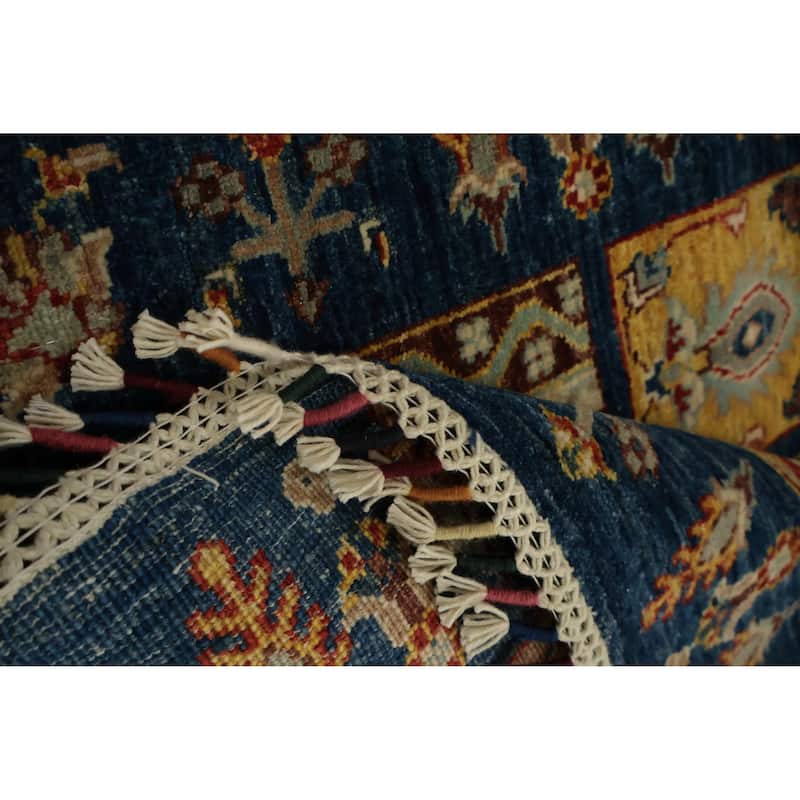 Hand Knotted Oriental 100% Wool Carpet Traditional Geometric Navy Blue & Blues Kazak Runner Rug - 22' 10'' X 2' 8''