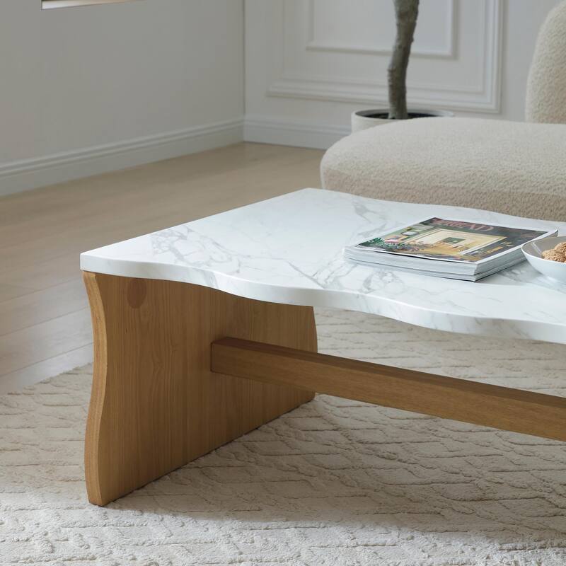 47.24" Whisper of Waves Modern Coffee Table, White Faux Marble Table Top, Solid Wood Veneered Base, Accent Table