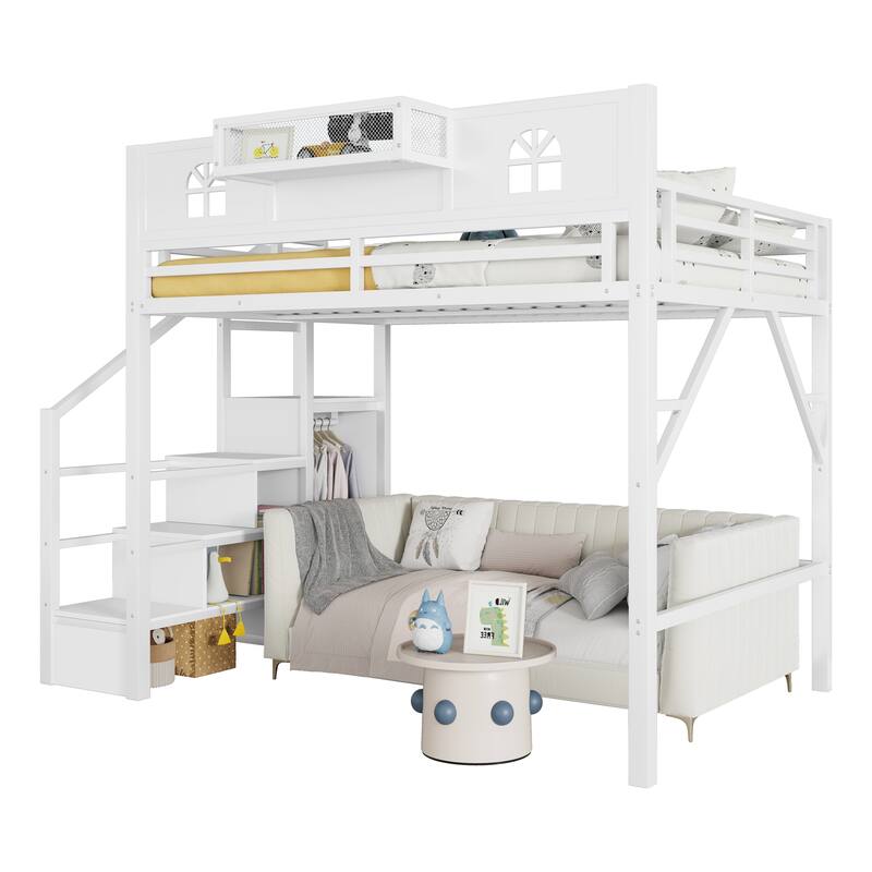 White High Loft Bed Frame with Storage Stairs and Wardrobe, Loft Metal Frame Bed with High House Shaped Guardrails for Kid Teens