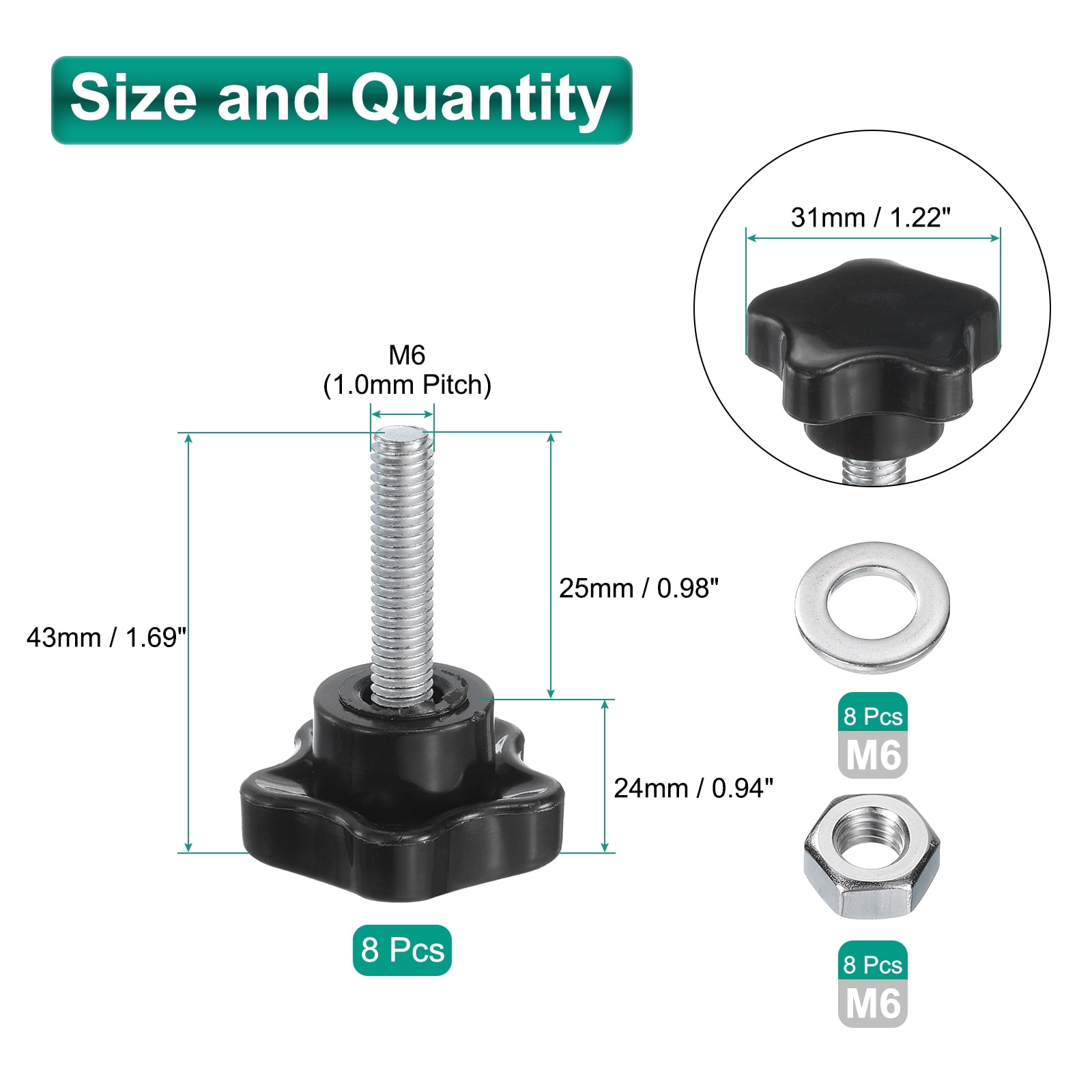 Star Knobs Stud Star Head with Nuts Washers - Black